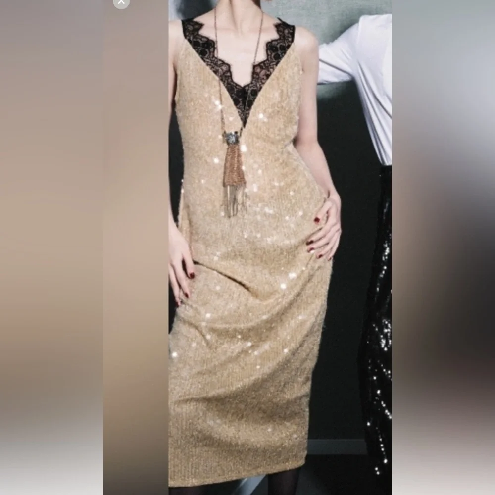 Zara Sequin Gold and Black Lace Dress NWT - Picture 3 of 9